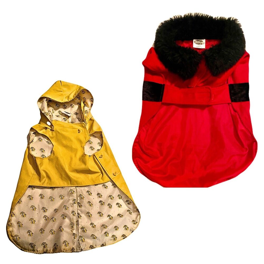 Lot/2 Dog Coats Xl Ducky Dog Rain Coat & Red Coat With Black Fur Collar Xl